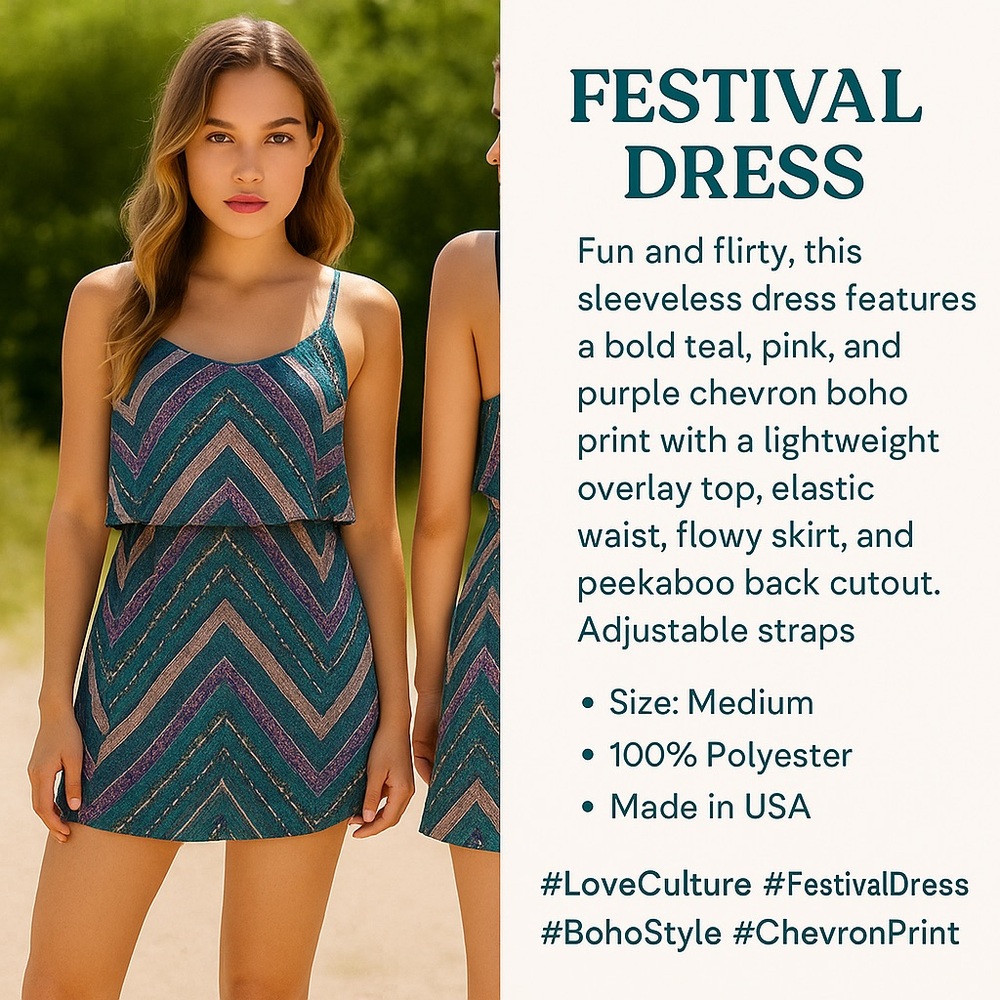 Love Culture Chevron Boho Festival Mini Dress M USA πΊπΈ - Picture 6 of 6